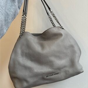 MICHAEL KORS Pebbled Gray Leather Shoulder Bag with Chain Straps